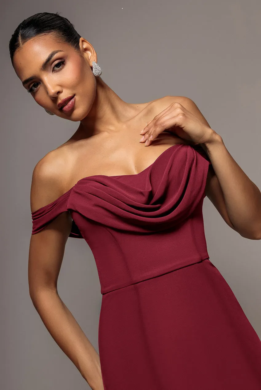 Goddiva Cowl Neck abito bordeaux chiffon bardot maxi cowl
