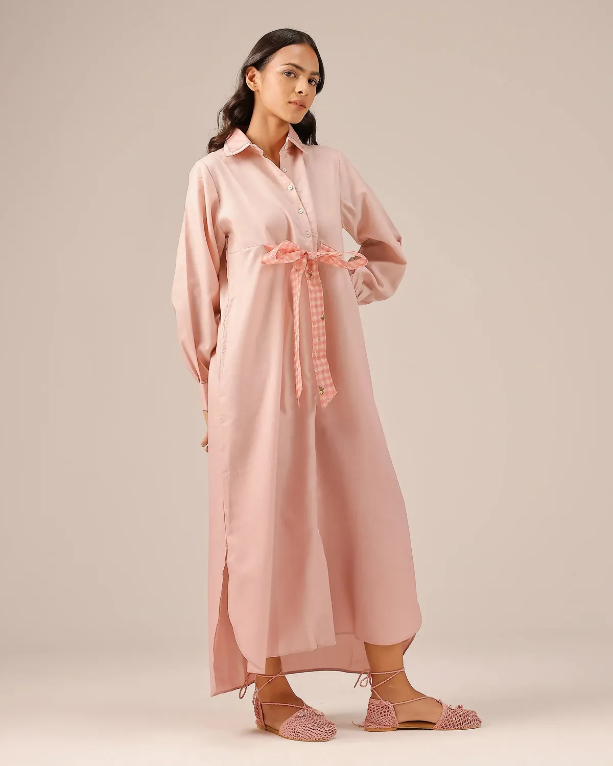 Our Dve Hibiscus abito midi rosa camicia lino cintura
