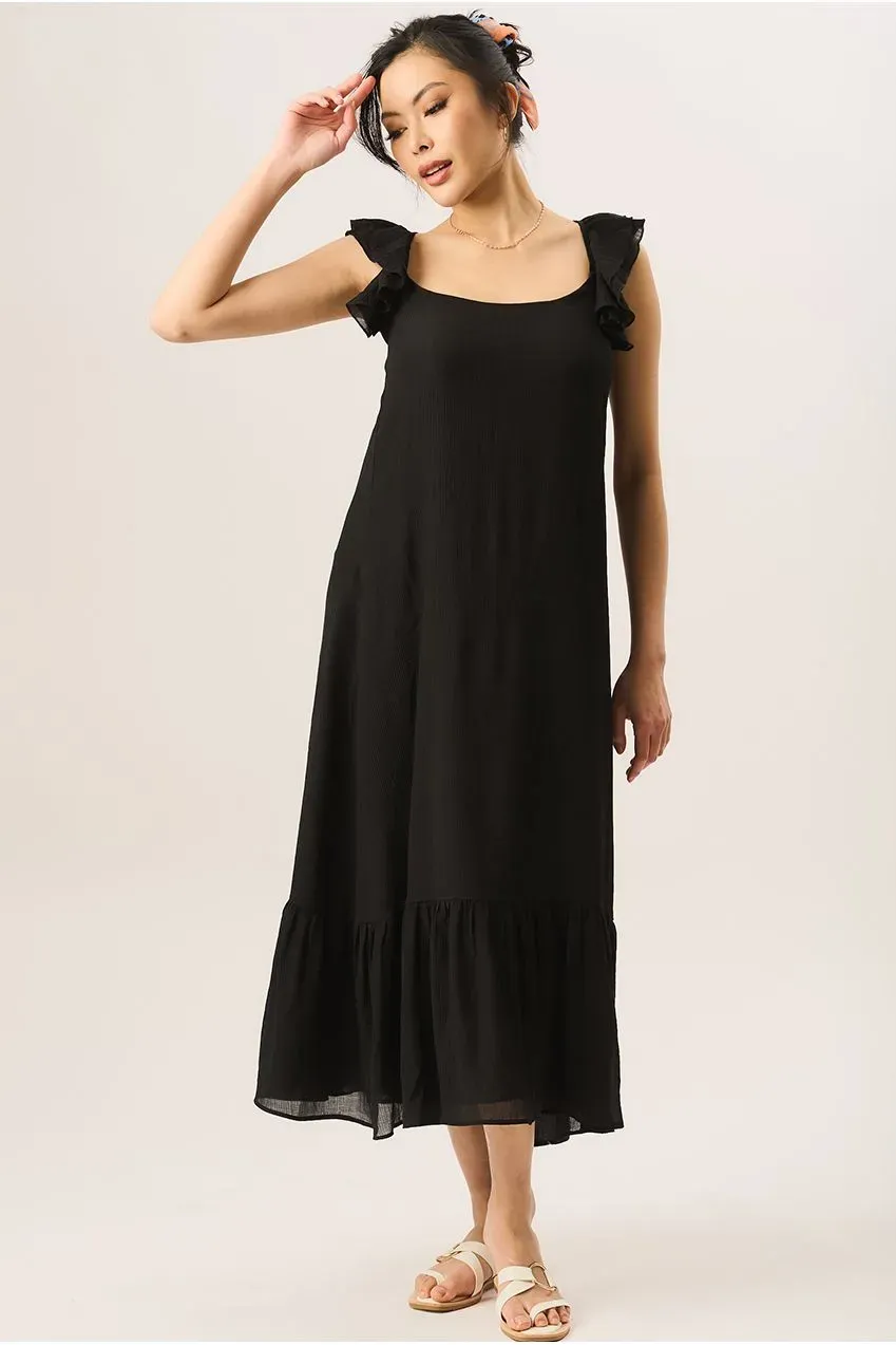 Gini London Ruffle abito lungo nero viscosa maniche corte