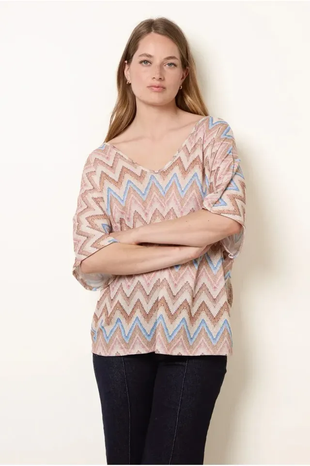 Blue Vanilla Zig Zag Bow Back top beige taglia unica manica corta
