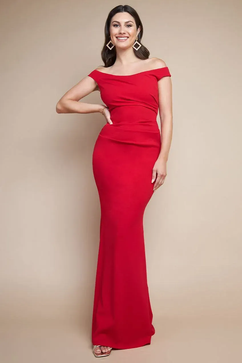 Goddiva DR3339 abito lungo scuba rosso spalle scoperte