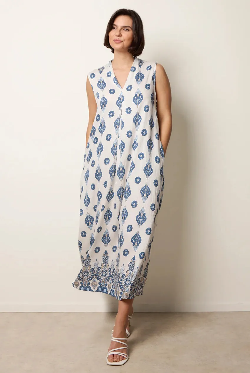 Blue Vanilla abito midi navy floreale linea A scollo V