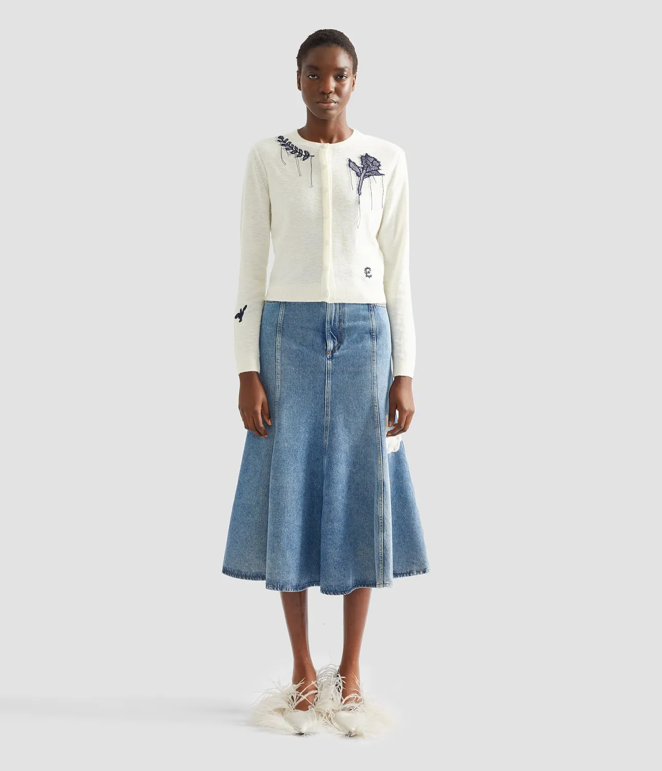 Erdem Embroidered Denim gonna midi jeans papaveri