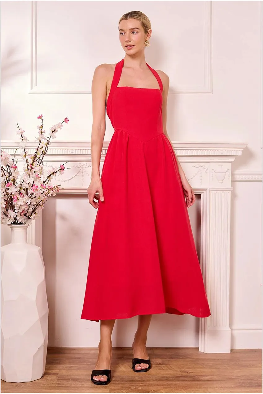 Angeleye halterneck abito midi rosso vita bassa