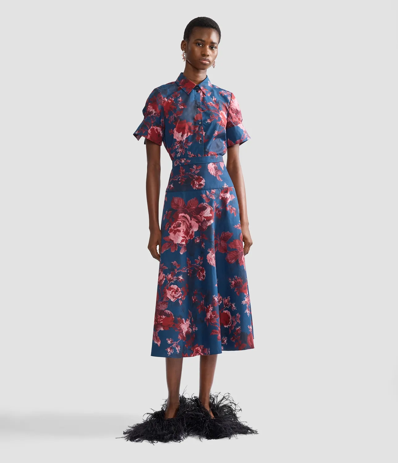 Erdem Floral Cotton Poplin camicia rose maniche corte