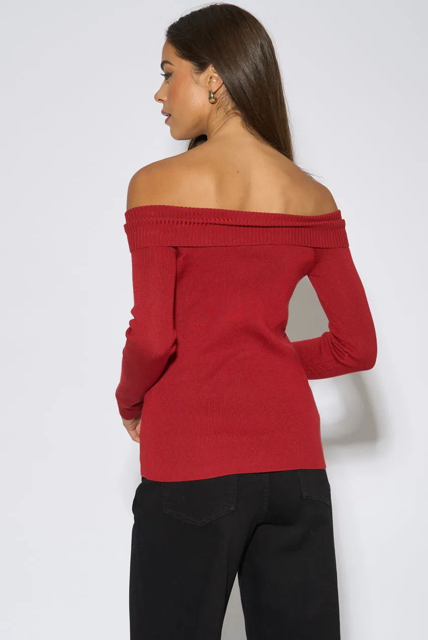 Gini London Bardot Top Rosso Bottoni Oro Manica Lunga