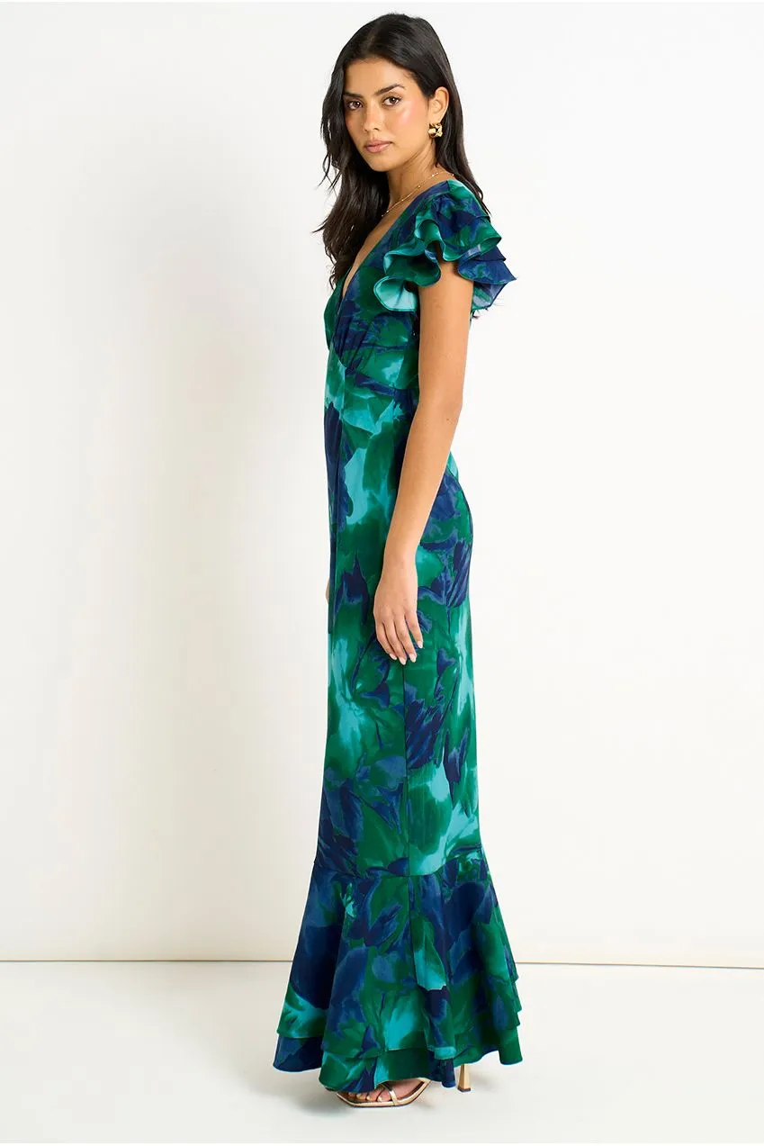Gini London Watercolour Floral abito maxi verde floreale