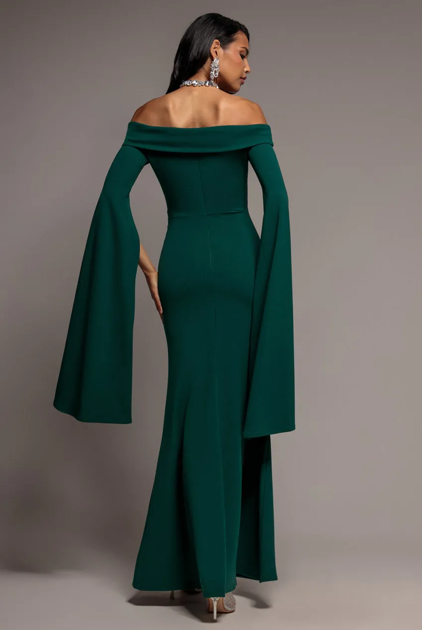 Goddiva Bardot abito maxi smeraldo scuba sirena