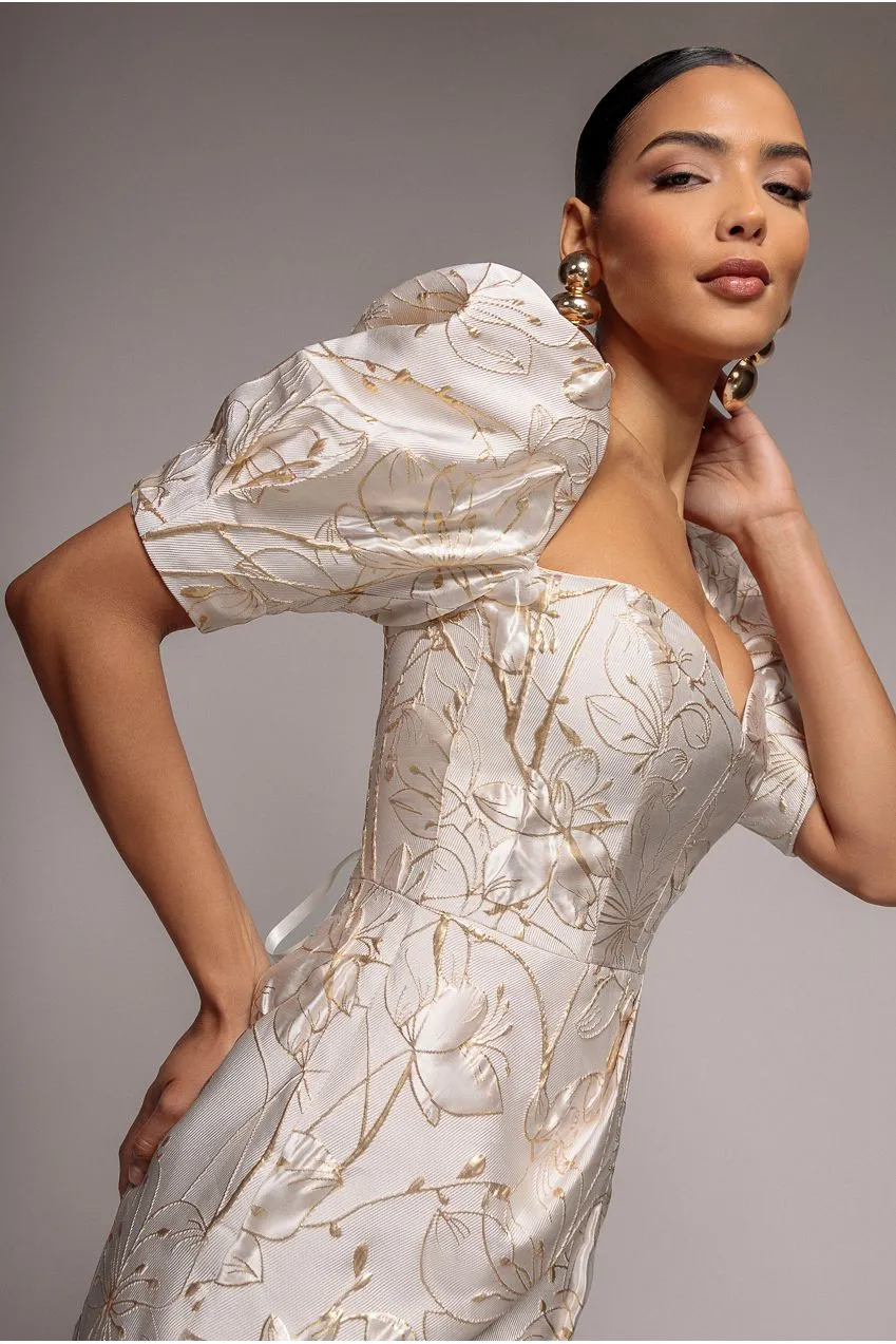 Goddiva Puff Sleeve Sweetheart mini abito crema jacquard