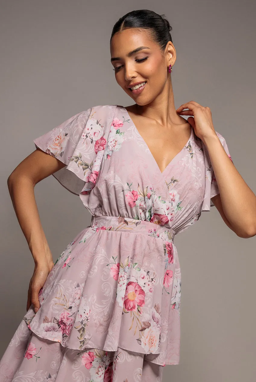 Goddiva Chiffon Tiered abito midi rosa cipria