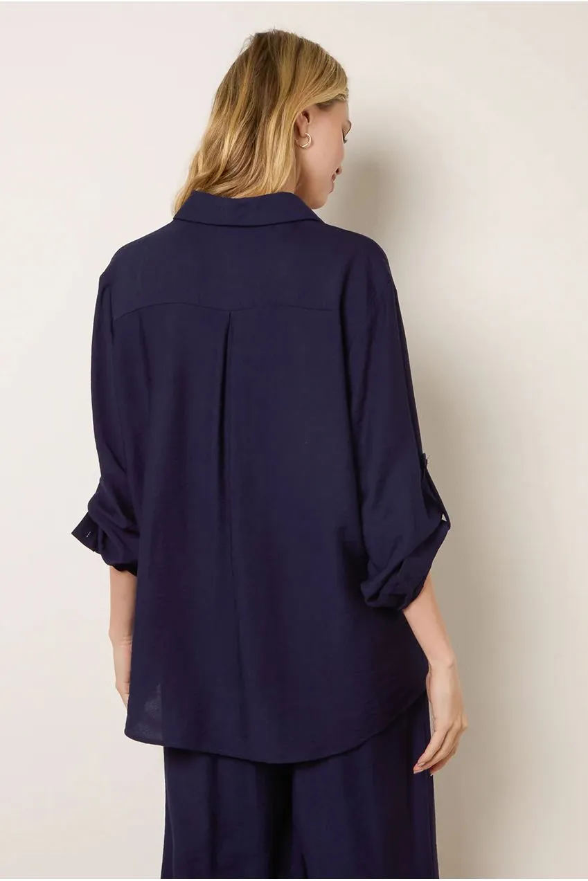 Blue Vanilla Floral Embroidery camicia blu navy ricamata