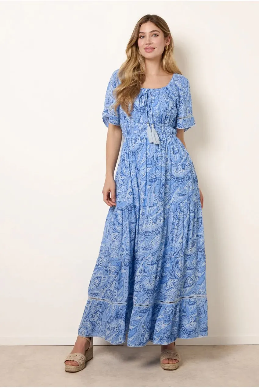 Goddiva Blue Vanilla Ladder Abito maxi blu paisley S bardot