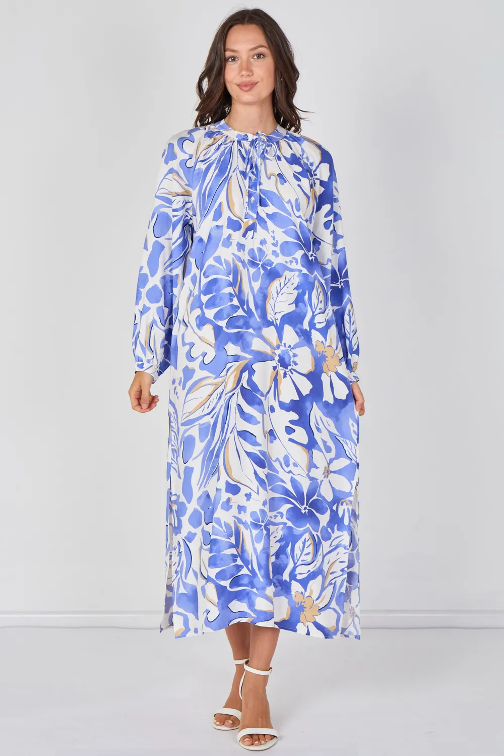 LOVE SUNSHINE Tropical Leaf abito maxi blu stampa foglie