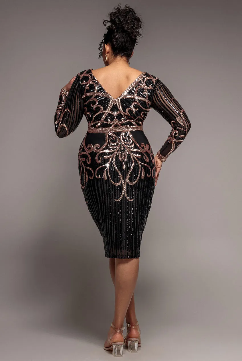 Goddiva Plus Sequin Mesh abito midi nero paillettes scollo V
