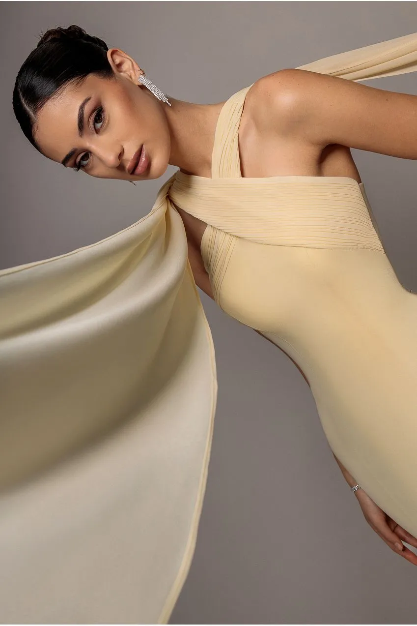 Goddiva Abito Maxi Chiffon Mermaid Giallo Burro Incrocio