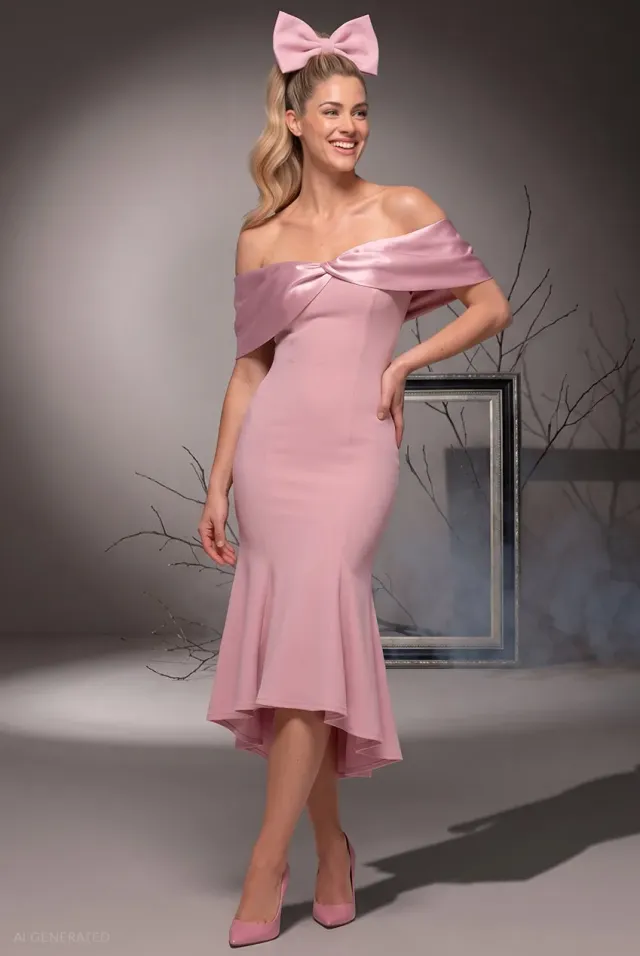 Goddiva Bardot Pageant Princess abito midi rosa blush attillato