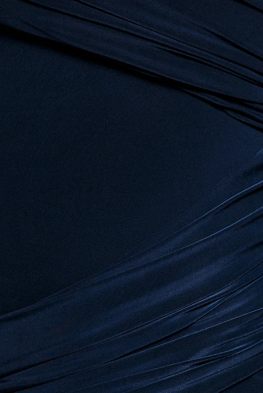 Goddiva Asymmetric Neck Gathered Waist abito lungo blu navy