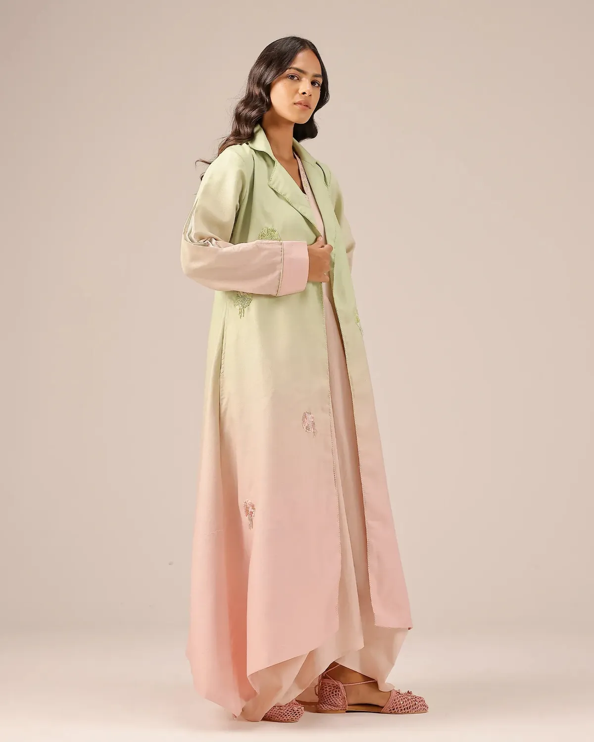 Our Dve Ocean Dusk giacca donna verde-rosa lino lunga