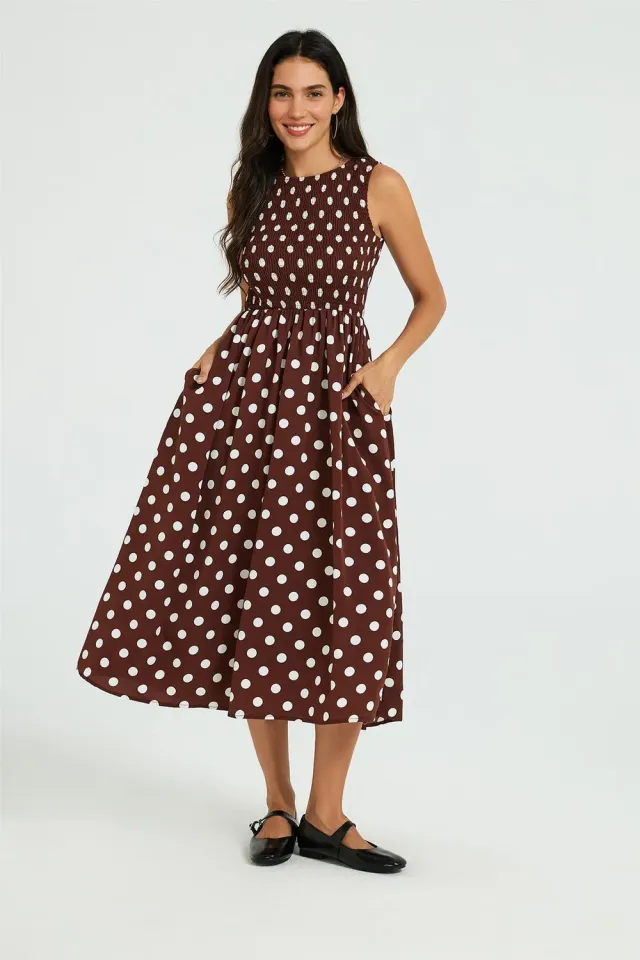 FS Collection Abito Midi Marrone Pois Senza Maniche