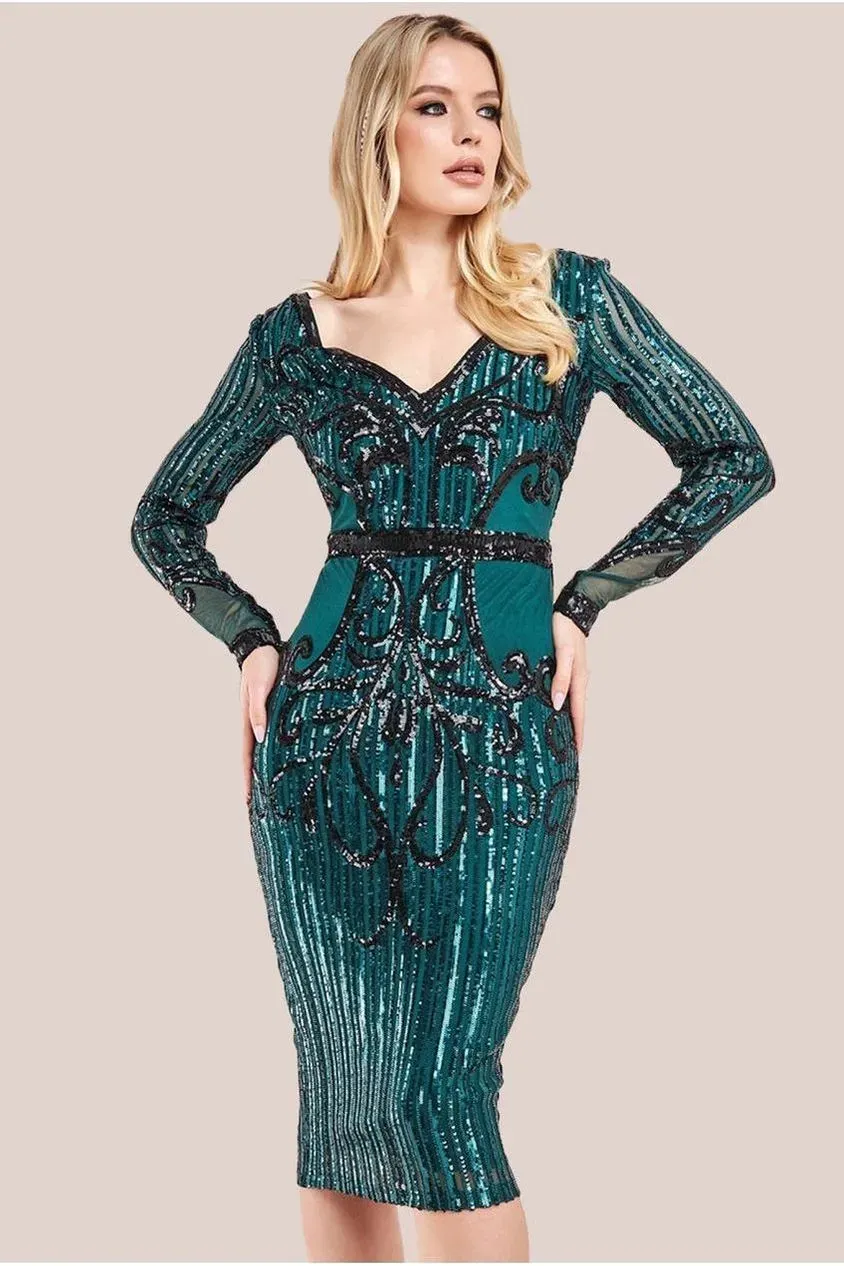 Goddiva Sequin Mesh abito midi verde smeraldo paillettes