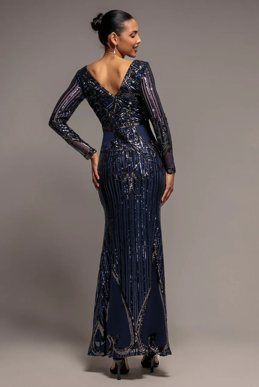 Goddiva Sequin Mesh abito lungo paillettes blu navy