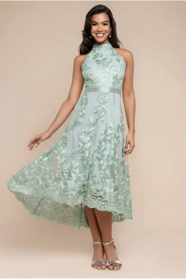 Goddiva Halter abito pizzo verde salvia collo gioiello