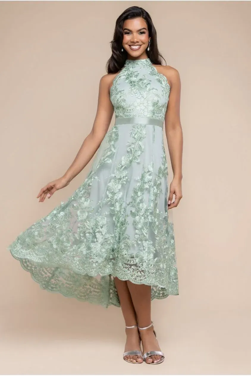 Goddiva Halter abito pizzo verde salvia collo gioiello