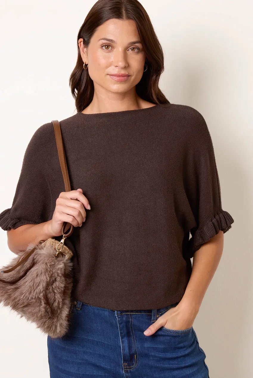 Blue Vanilla Frill Sleeve Batwing maglione cioccolato taglia unica