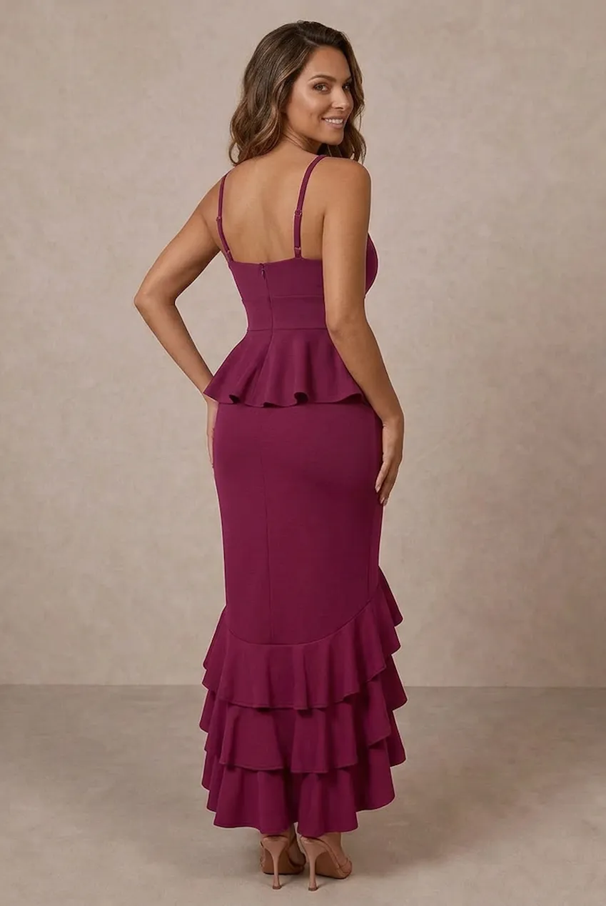 Chi Chi London Cami Strap Ruffle abito midi viola bodycon scuba