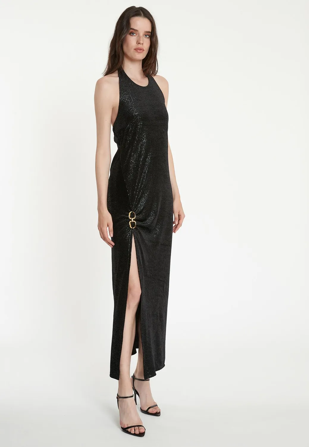 Ana Alcazar Tajali abito maxi paillettes con spacco