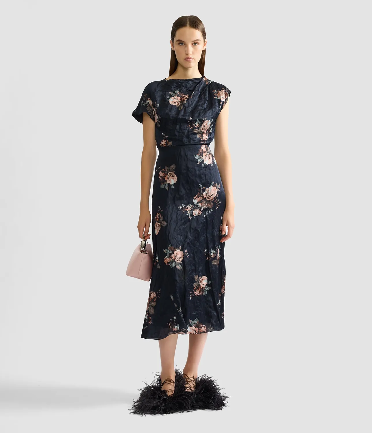 Erdem Floral Crushed gonna midi raso drappeggiata