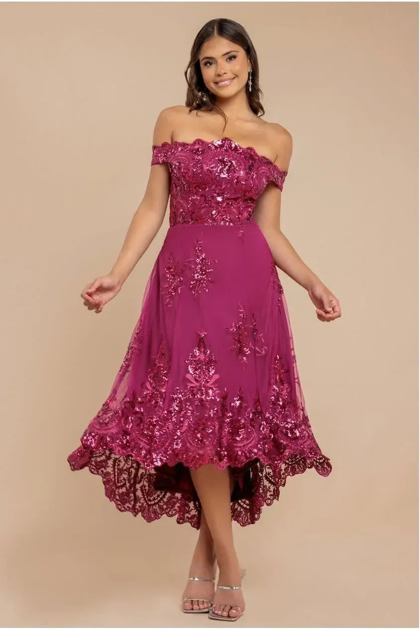 Goddiva Bardot abito midi pizzo paillettes magenta 8
