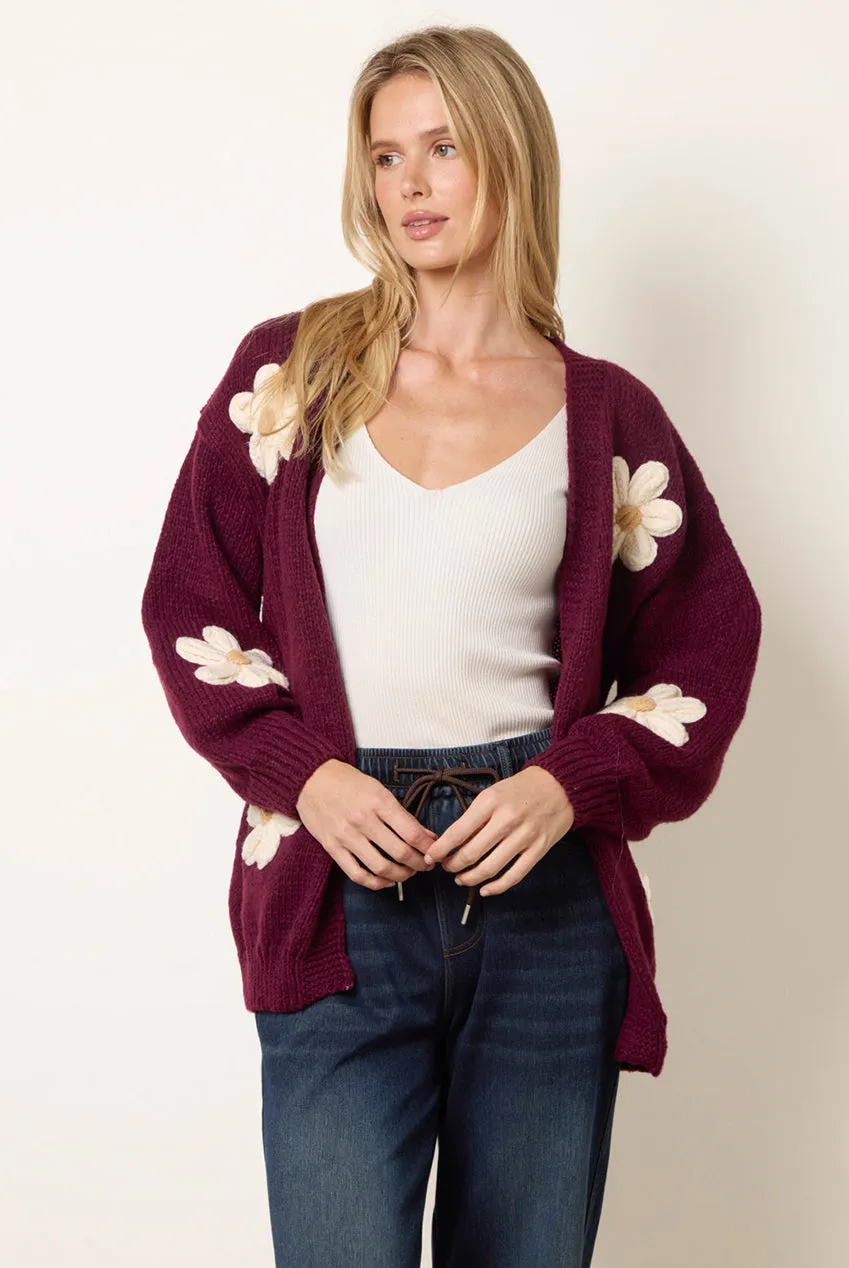 Blue Vanilla Daisy cardigan ricamato bordeaux S/M fiori grandi