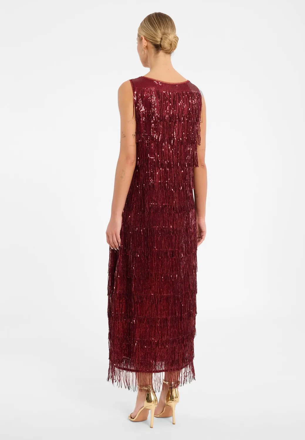 Ana Alcazar Cebi abito paillettes bordeaux frange