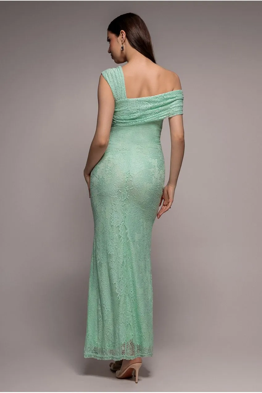 Goddiva abito maxi in pizzo verde menta monospalla plissettato