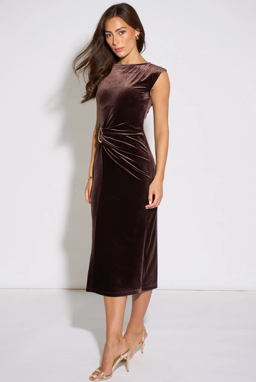 Gini London abito midi marrone velluto bodycon hardware