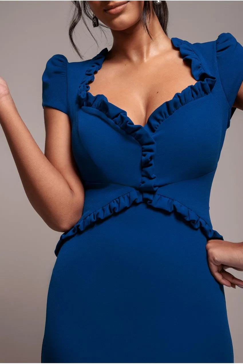 Goddiva Frill Edge abito midi blu royal bodycon