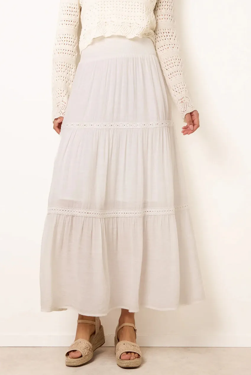 Blue Vanilla gonna maxi crochet avorio vita arricciata