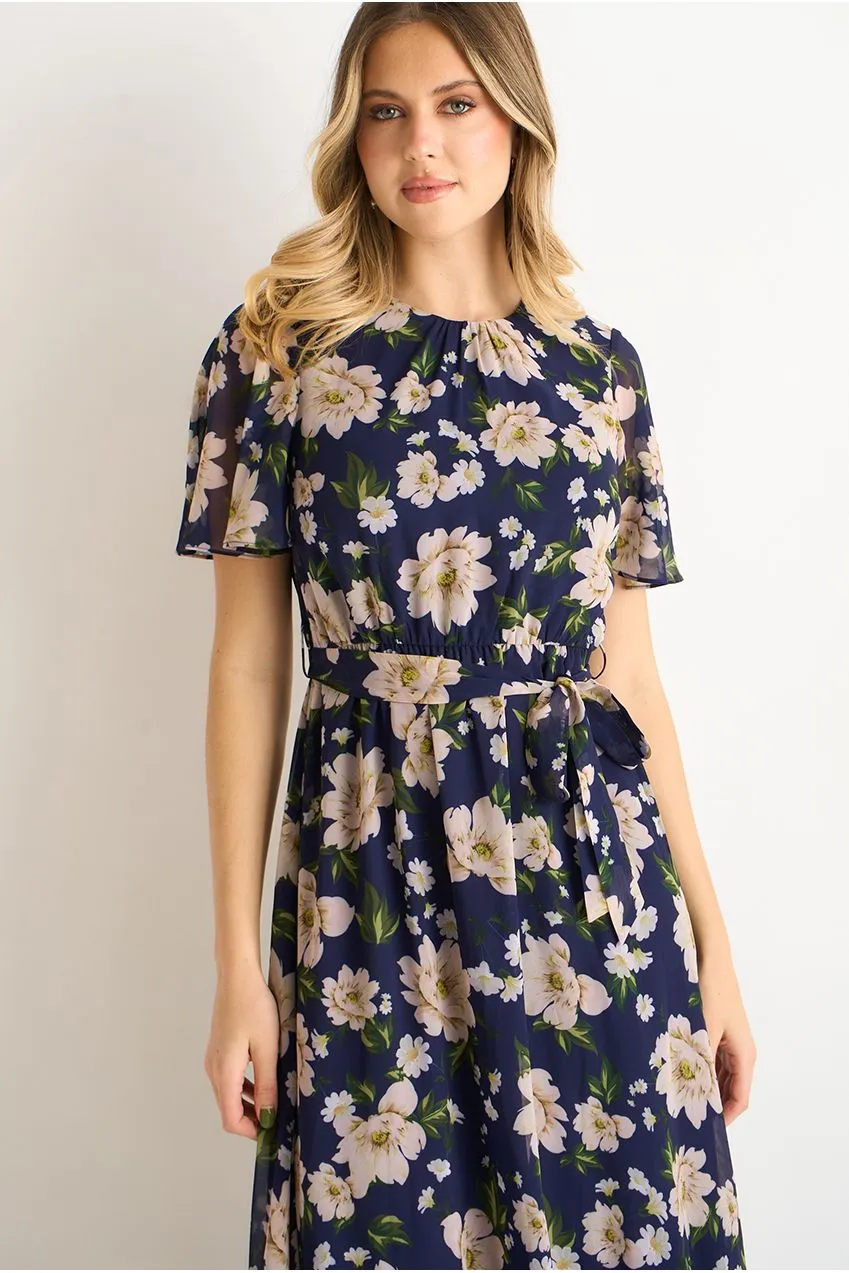 Gini London abito midi floreale navy svasato