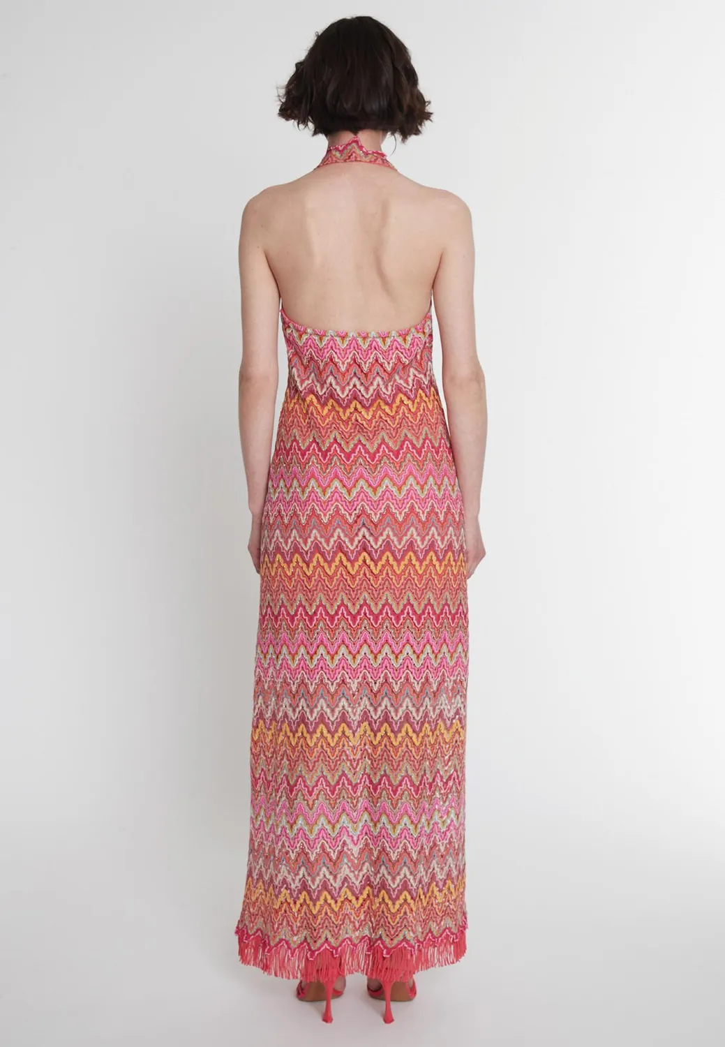Ana Alcazar Polora abito lungo maxi rosa scollo halter