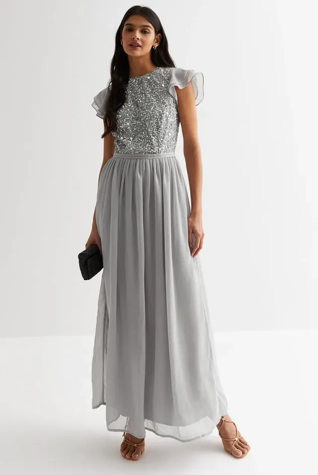 Gini London Embellished maxi abito argento ricamato