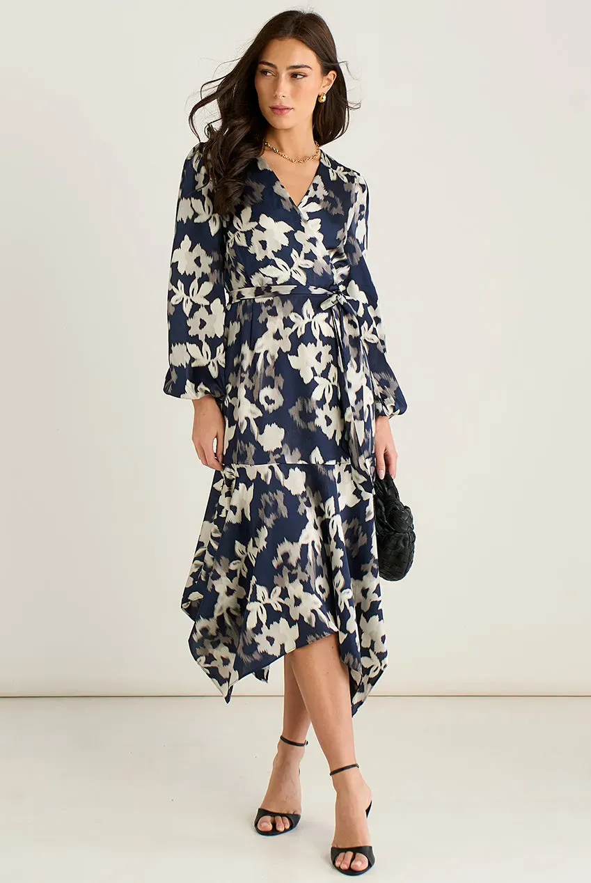 Gini London Asymmetric Hem abito blu midi avvolgente