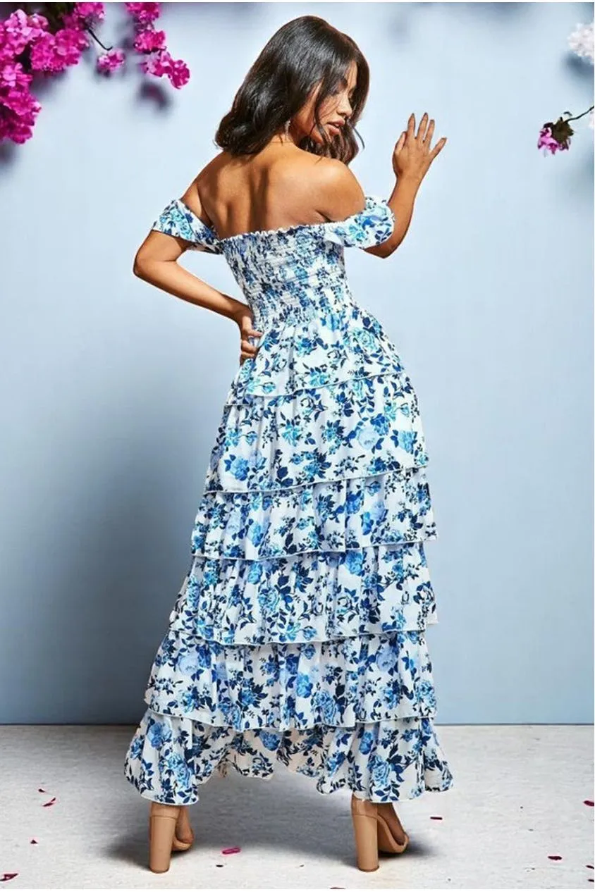 Goddiva Dipped Hem abito maxi blu floreale balze cerimonia