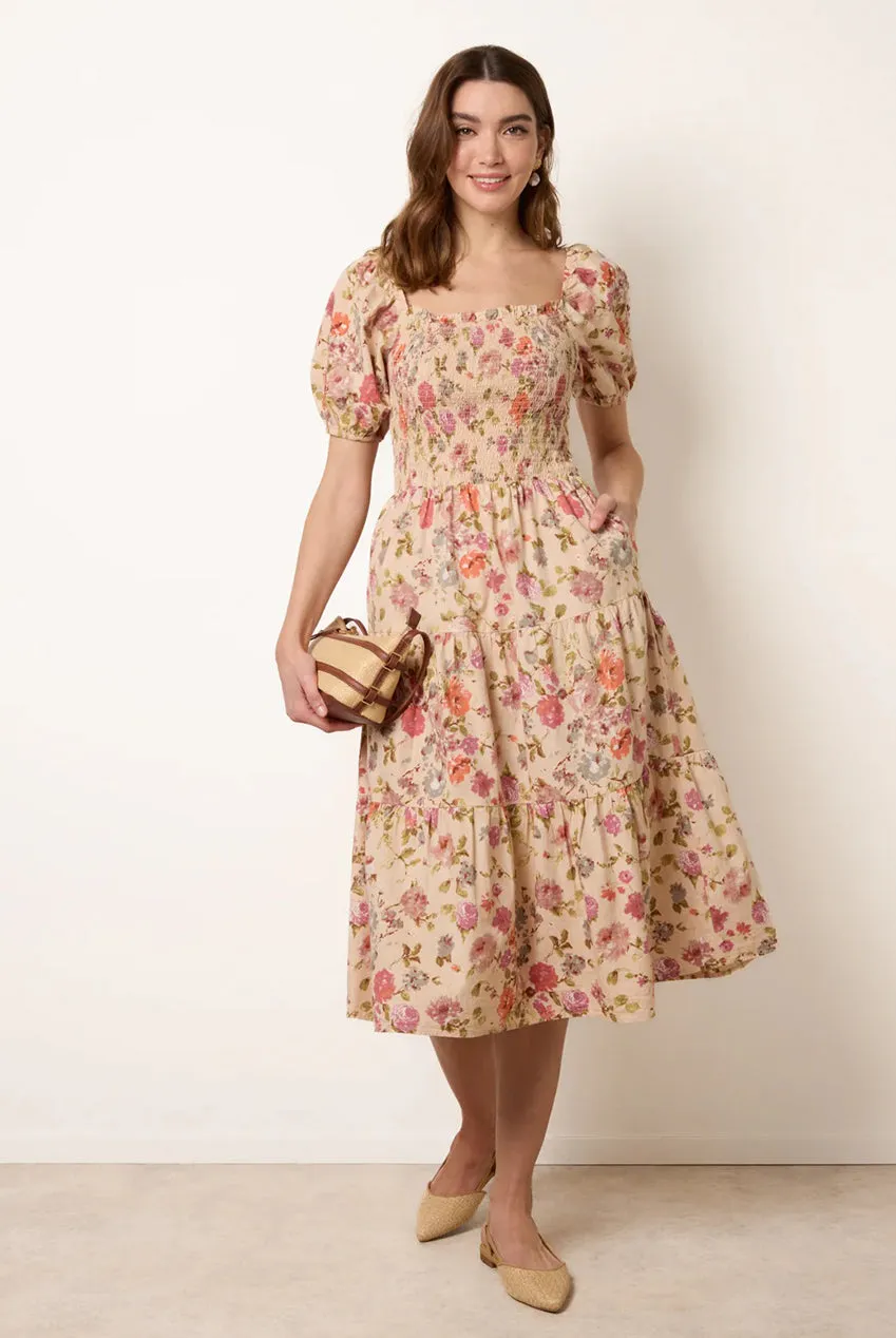 Blue Vanilla Milkmaid Floral Puff Sleeve abito midi multi cotone