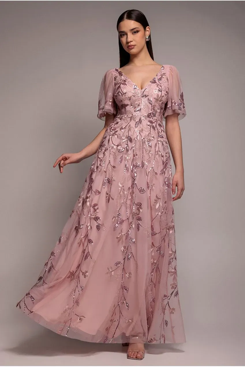 Goddiva DR3279A abito lungo Blush ricamato maniche svasate