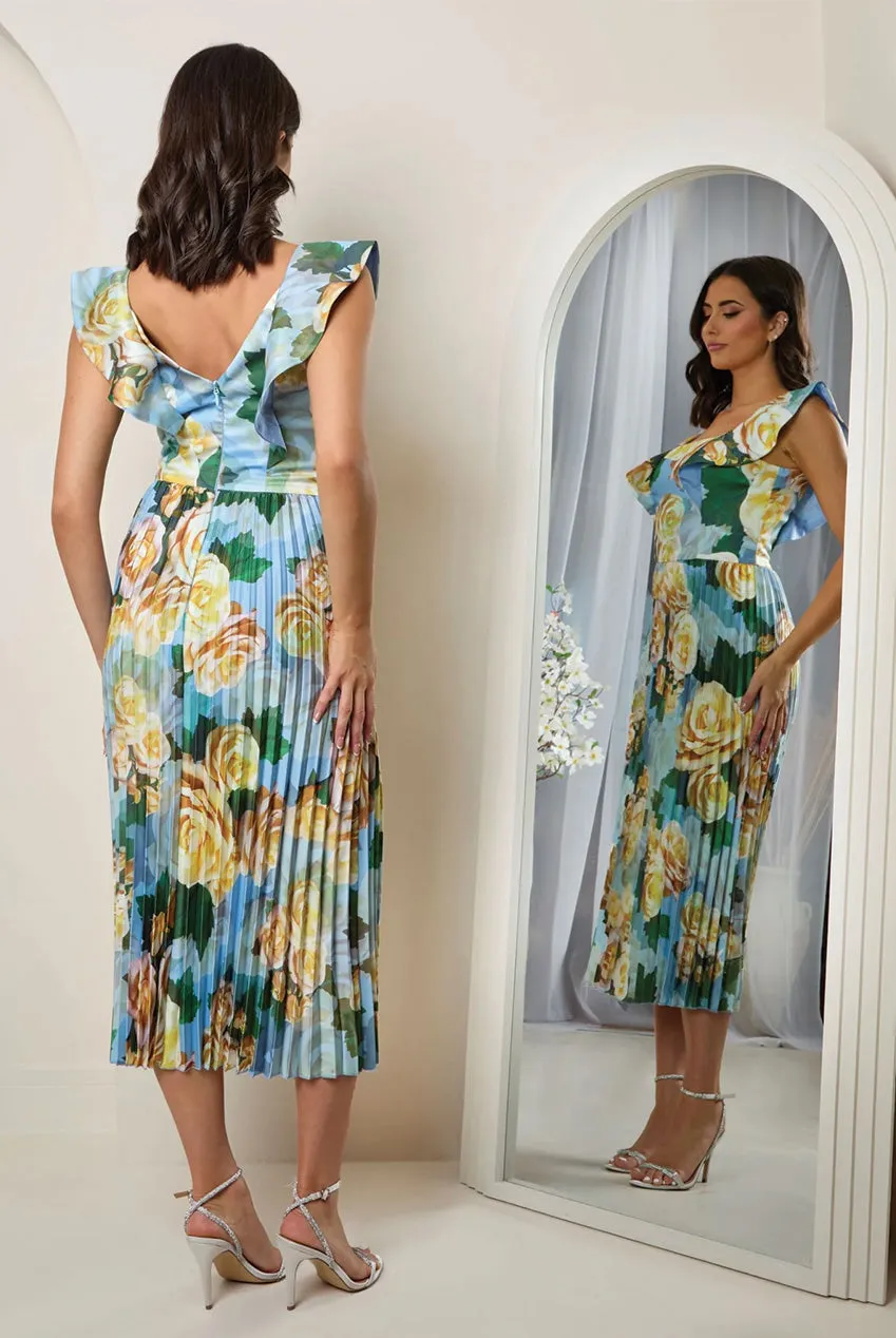 Chi Chi London Ruffle Pleated abito midi blu floreale