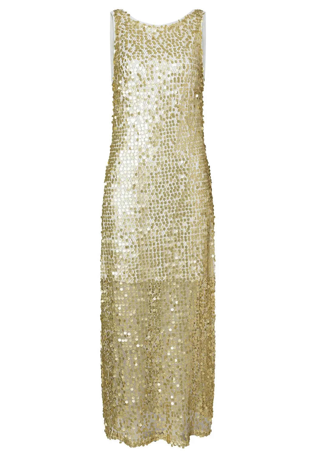 Ana Alcazar Wadani abito maxi rete paillettes oro
