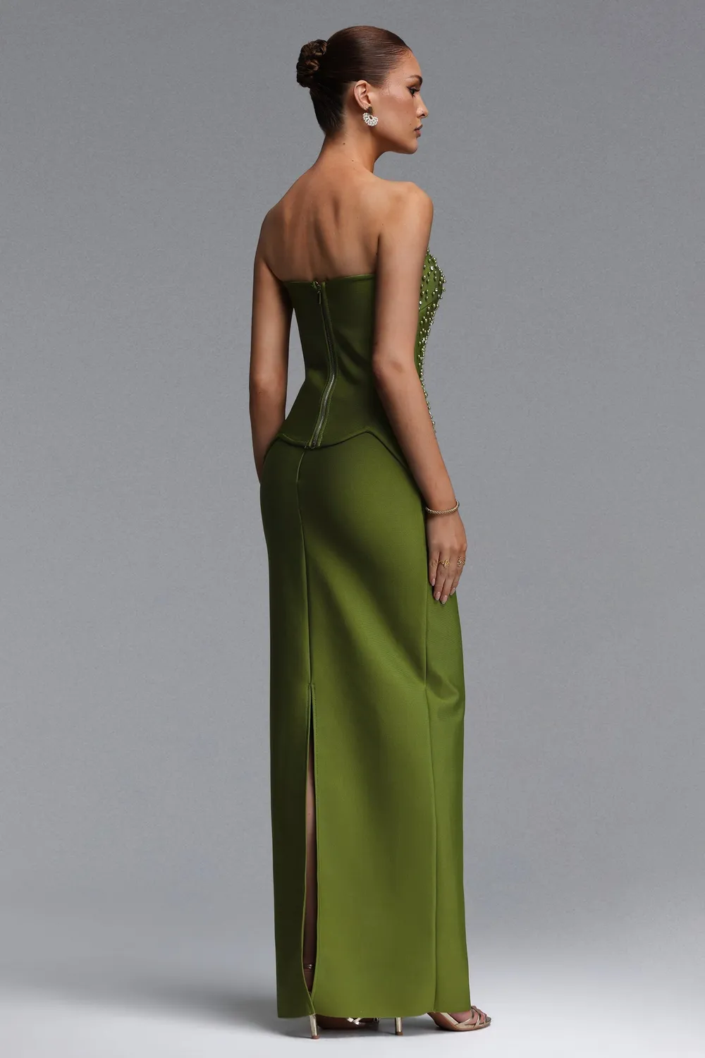 Goddiva Bella Barnett Yette set top gonna verde perline maxi