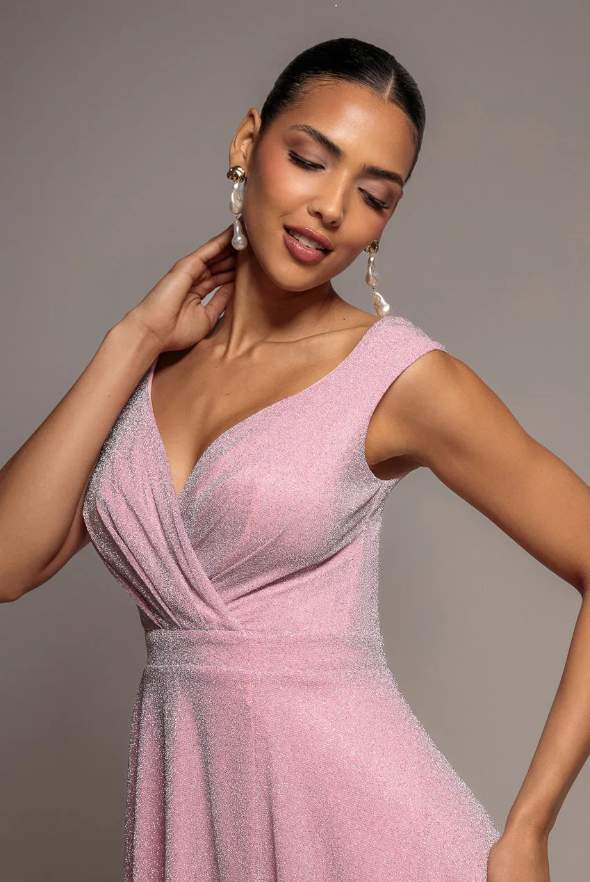 Goddiva Crossover Lurex Glitter abito maxi rosa spacco