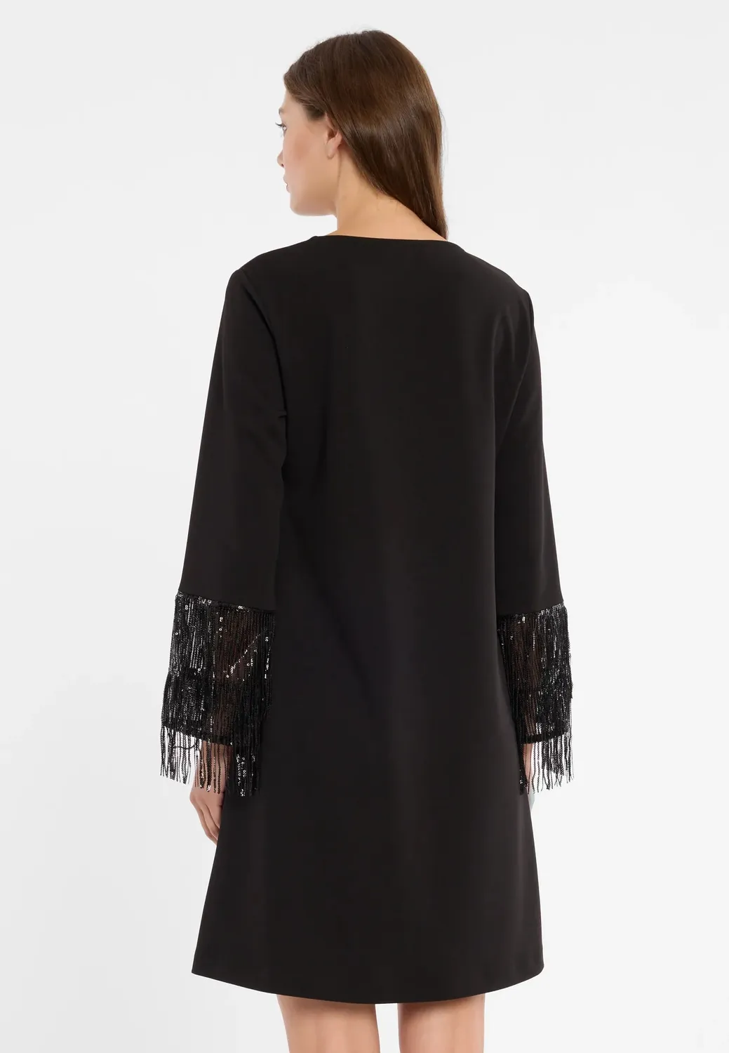 Ana Alcazar Cebina abito paillettes nero frange